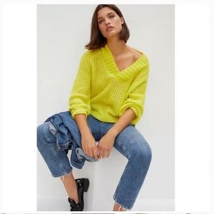 Anthropologie Honore Ribbed Sweater in Neon Yellow, Size 1X